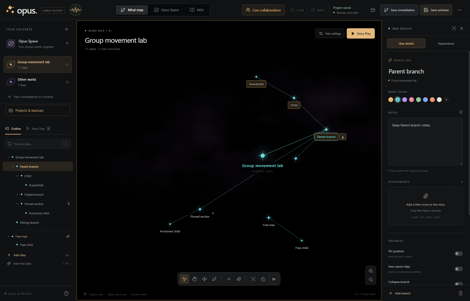 Actual Opus desktop interface showing connected ideas in a three-dimensional workspace